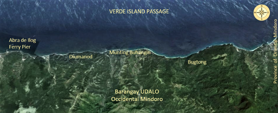 Shoreline of Brgy. Udalo An adapted Google map of Udalo's coast showing major orientation points.